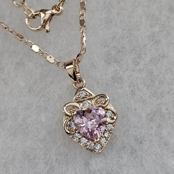 Jewelry Set. Heart Pink Zirconia. Necklace. Earrings. Gold Plated Alloy NWOT - Picture 2 of 4